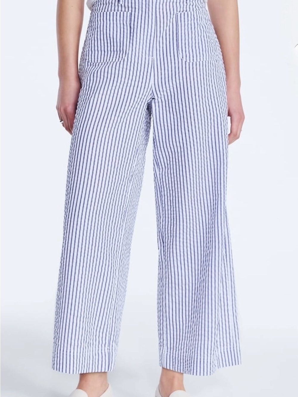 Seersucker Blue & White Striped Wide-Leg Pants - L, NWOT